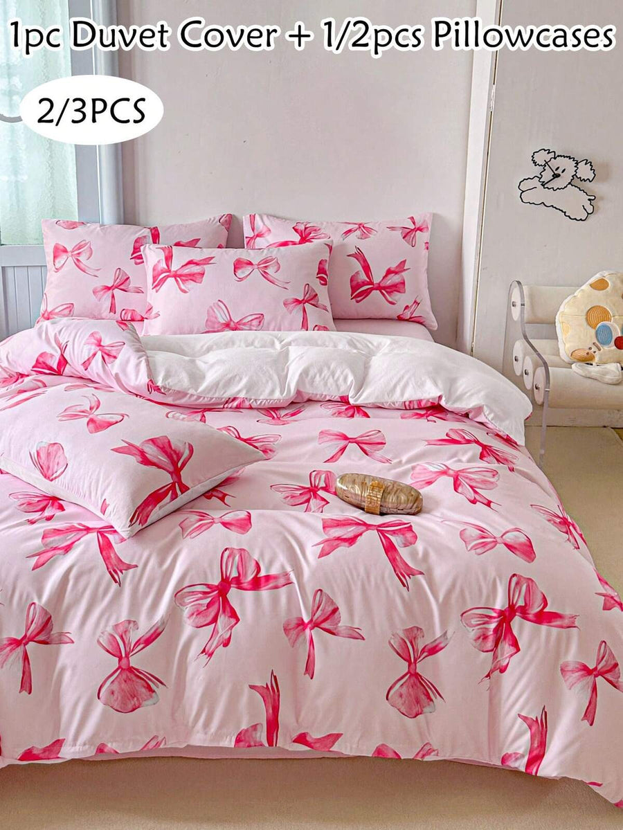 2/3pcs Green Bow Pattern Digital Printing Polyester Duvet Cover Set, Cute & Modern Children/Teen Girls All Season Bedding Set, Soft & Breathable, Machine Washable (1 Duvet Cover + 1/2 Pillow Sham)