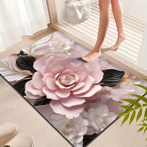 Unique Floral Diatomite Bath Mat, Floor Carpet, Suitable For Bathroom And Toilet Non-Slip, Absorbent, Washable Polyester, Kitchen And Laundry Area, Laundry Room | Decorative Floor | Absorbent, Laundry Room Decor, Suitable For Bathroom, Shower