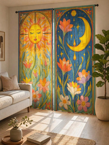 2PCS The Sun, The Moon And Flowers Print Light Sheer Curtains, 90GSM Semi-Sheer For Privacy Protection. Easy Rod Pocket Installation, Fade-Resistant After Washing, Lightweight And Washable. Ideal For Home, Room And Kitchen Decor & Space Dividers.